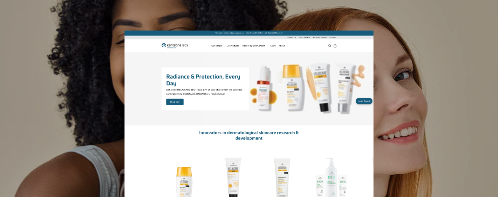 Repositioning Heliocare as Cantabria Labs UK Website screen overlaying two smiling women, one with curly hair and one with straight red hair.