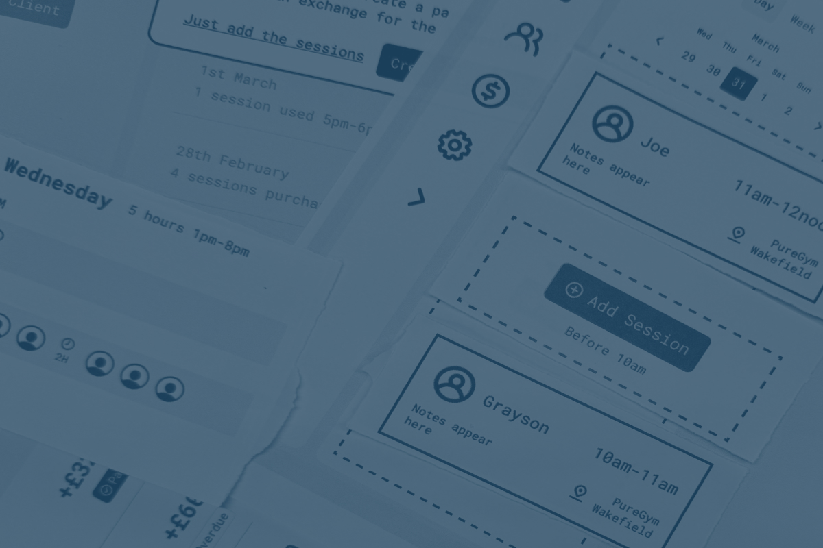 Forms and buttons wireframes on a blue-tinted digital interface.