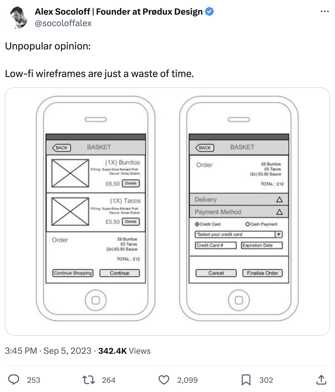 Screenshot of Alex Socoloff's tweet suggesting Low-fi wireframes are just a waste of time