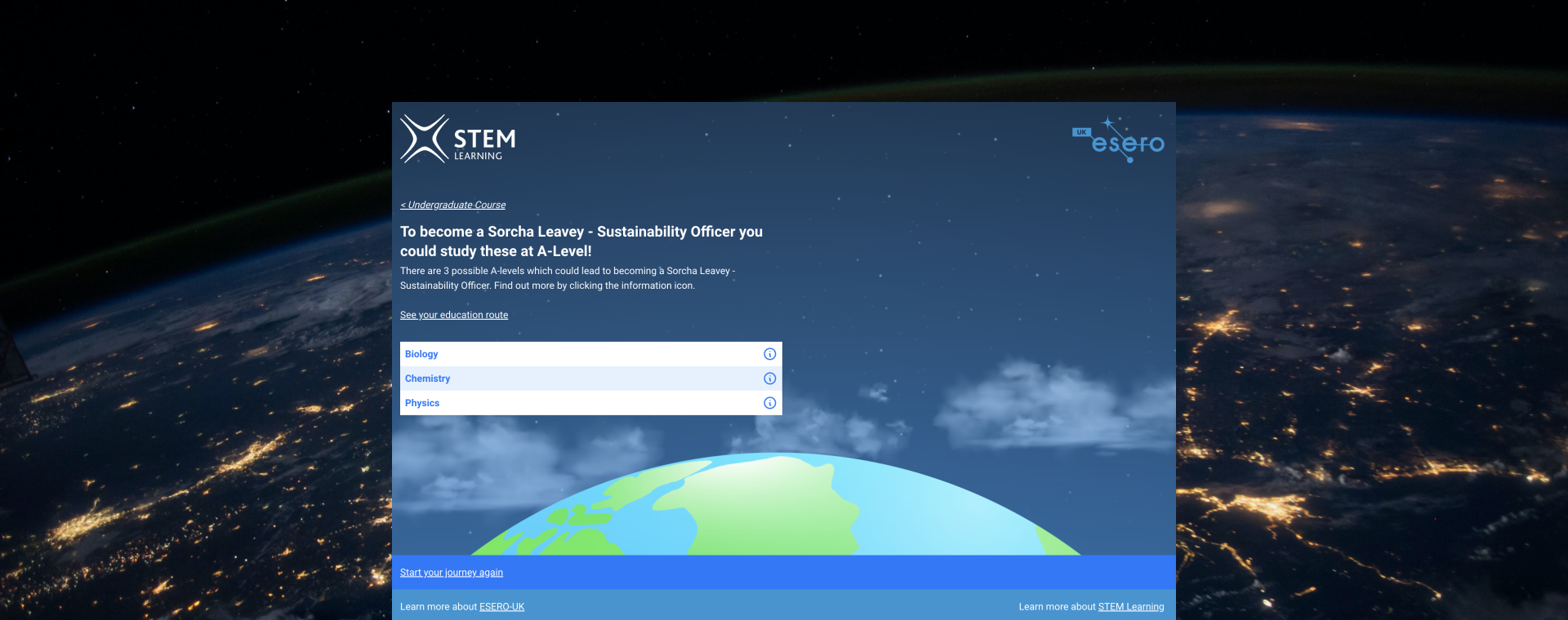 A screenshot of STEM Learning's Career's in Space questionnaire tool