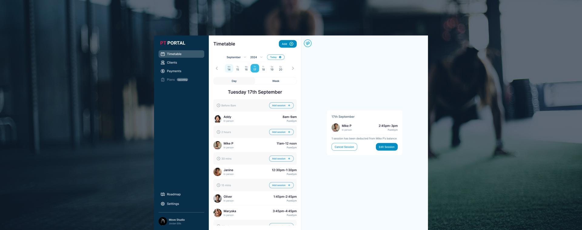 Fitness app interface with a workout schedule over a gym background.